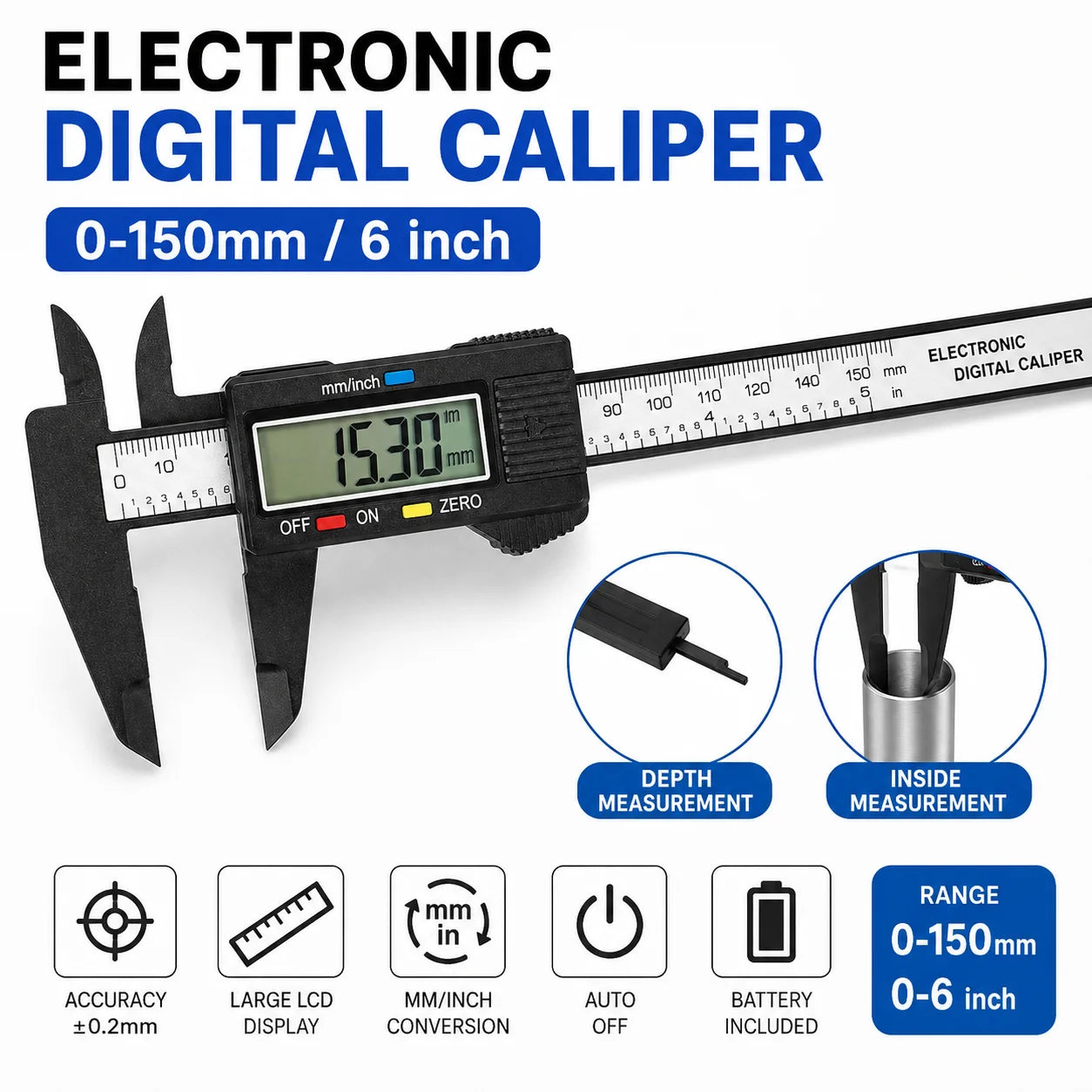 0-150mm Carbon Fiber Digital Vernier Caliper, Dual MM/INCH Unit, Measure Inner/Outer Diameter of Jewelry, Hardware Mechanical Pa