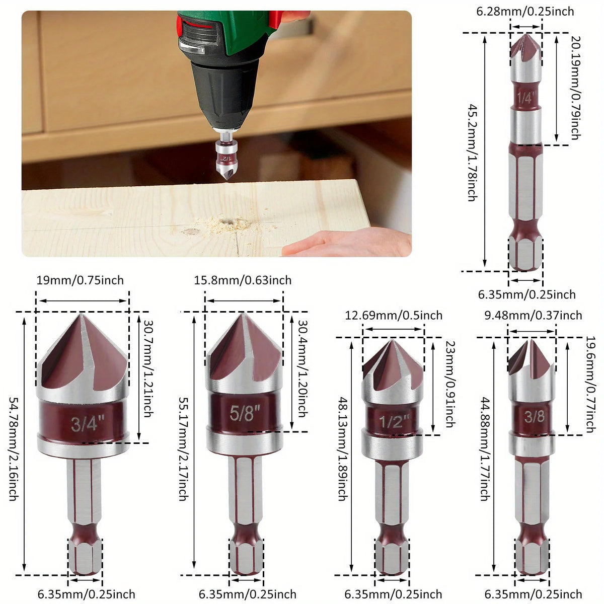 5pcs M35 Cobalt Countersink Drill Bit Set 5 Flute 82° 1/4" Hex Shank 1/4 3/8 1/2 5/8 With Holder Storage Strip for Metal Work