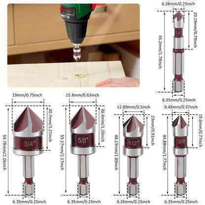 5pcs M35 Cobalt Countersink Drill Bit Set 5 Flute 82° 1/4" Hex Shank 1/4 3/8 1/2 5/8 With Holder Storage Strip for Metal Work