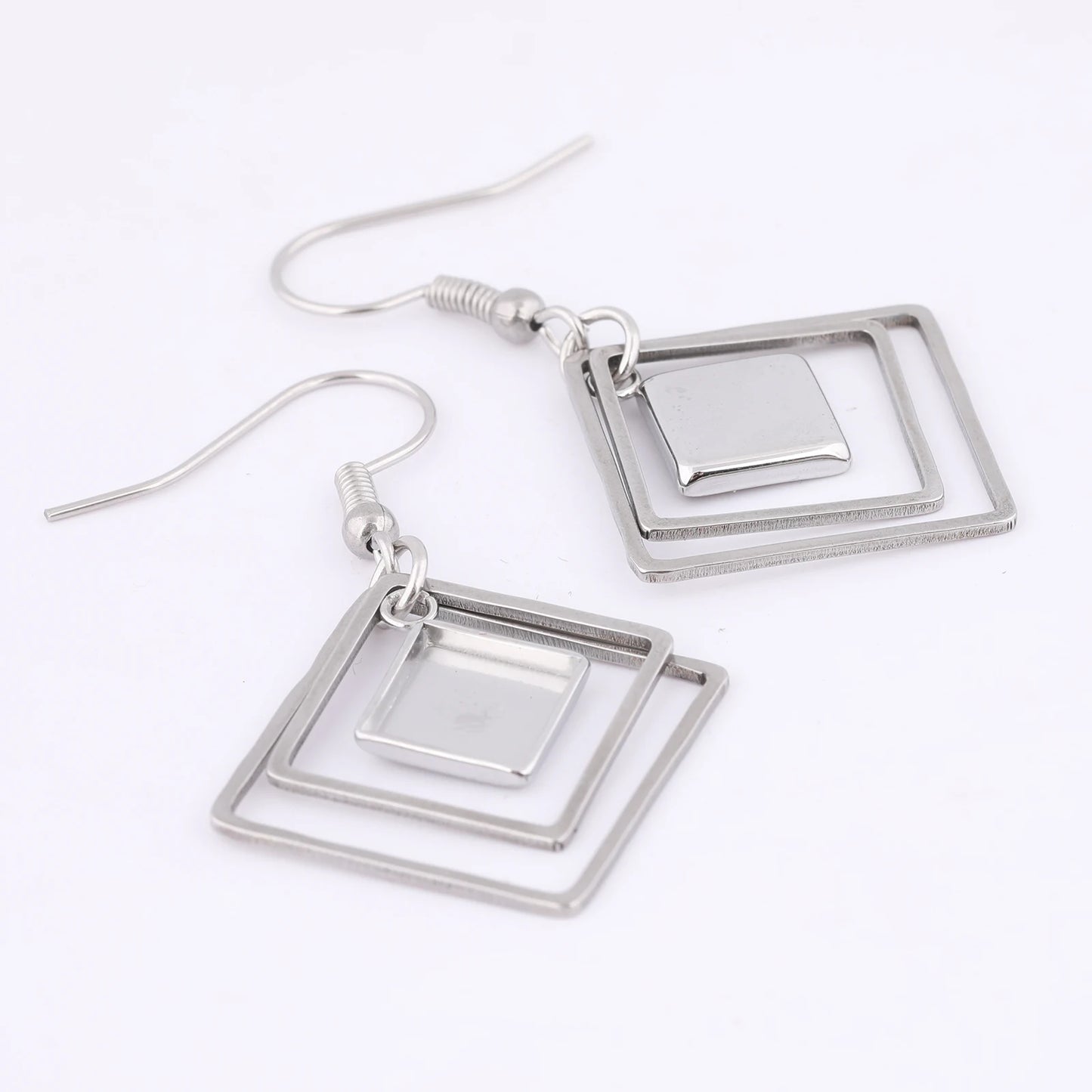 10pcs Stainless Steel Double Hoop Earring Base Blanks Fit 8mm Square Cabochon Earrings Bezel Settings Diy Hooks Findings