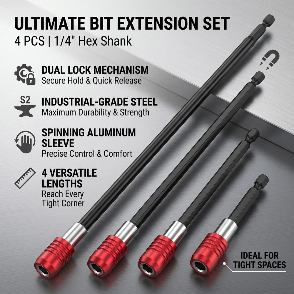 Magnetic Drill Bit Extension Set 1/4 Hex Shank Quick Release Impact Driver Extender Bar Dual Lock Screwdriver Holder 12 Inch Lon