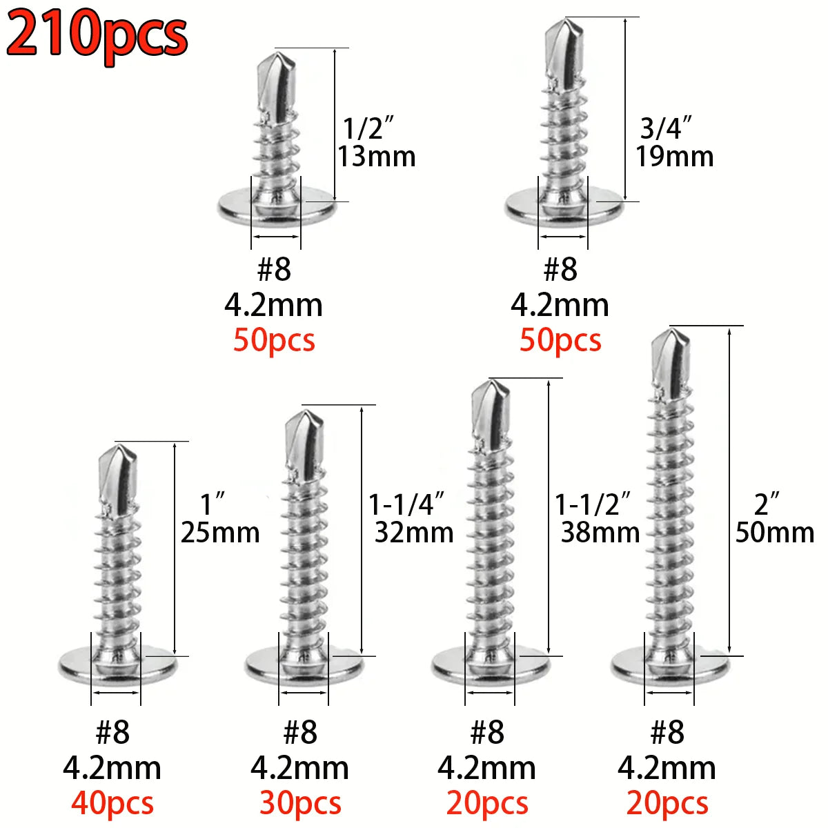 210pcs/410 Stainless Steel Cross Head Washer Self Drilling Screws, M4.2 Large Flat Head Self Tapping Self Drilling Screws, Self