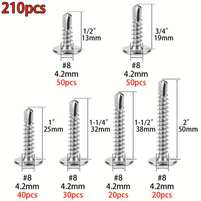 210pcs/410 Stainless Steel Cross Head Washer Self Drilling Screws, M4.2 Large Flat Head Self Tapping Self Drilling Screws, Self