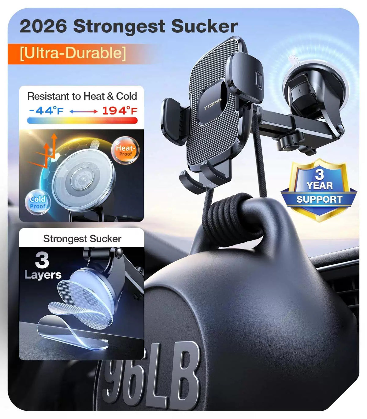 TORRAS Ultra-Durable Phone Holders for Your Car【96+LBS classic, Black [3]