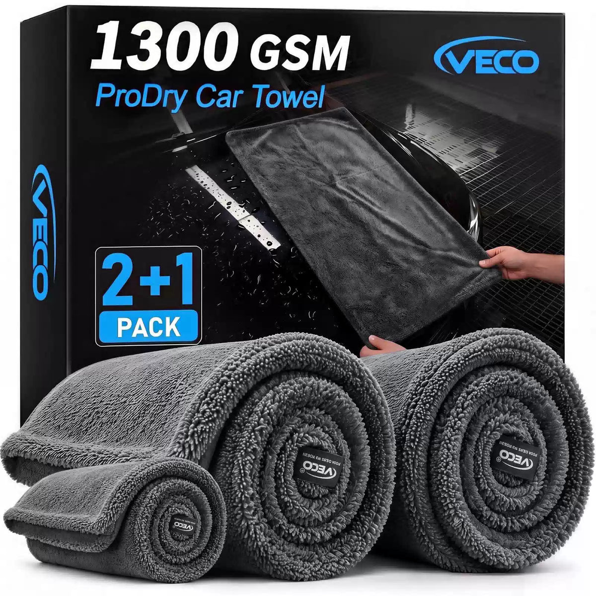 Veco 3-Piece Car Drying Towels, 1300GSM 70/30 Microfiber, Gray 2+1set, [1]