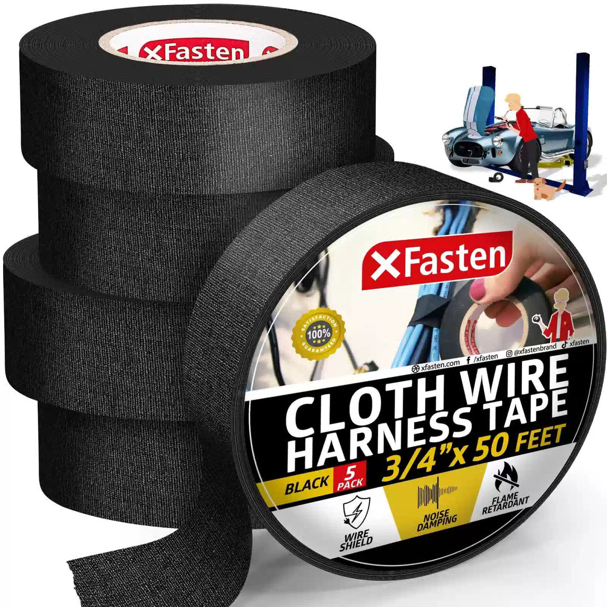 XFasten Wire Harness Tape, 3/4-Inch x x 50-Feet (5-Pack), Black [1]