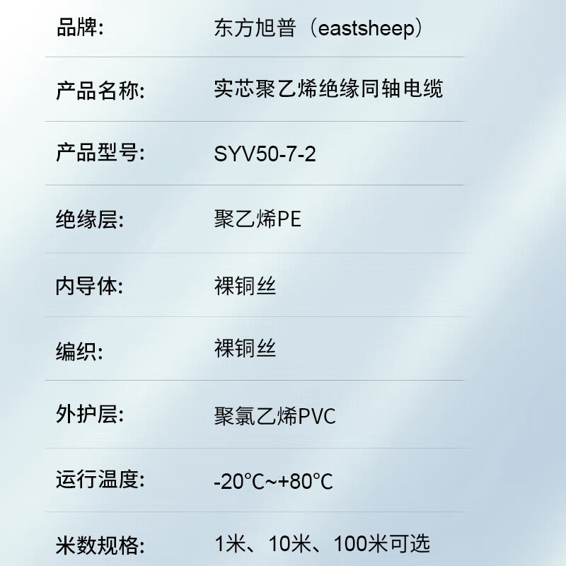 Eastsheep High-Frequency Coaxial Cable, 7-Strand Copper Core, Double-Shielded, 144 Braided Coaxial Cable, 1 Meter, SYV50-7-2