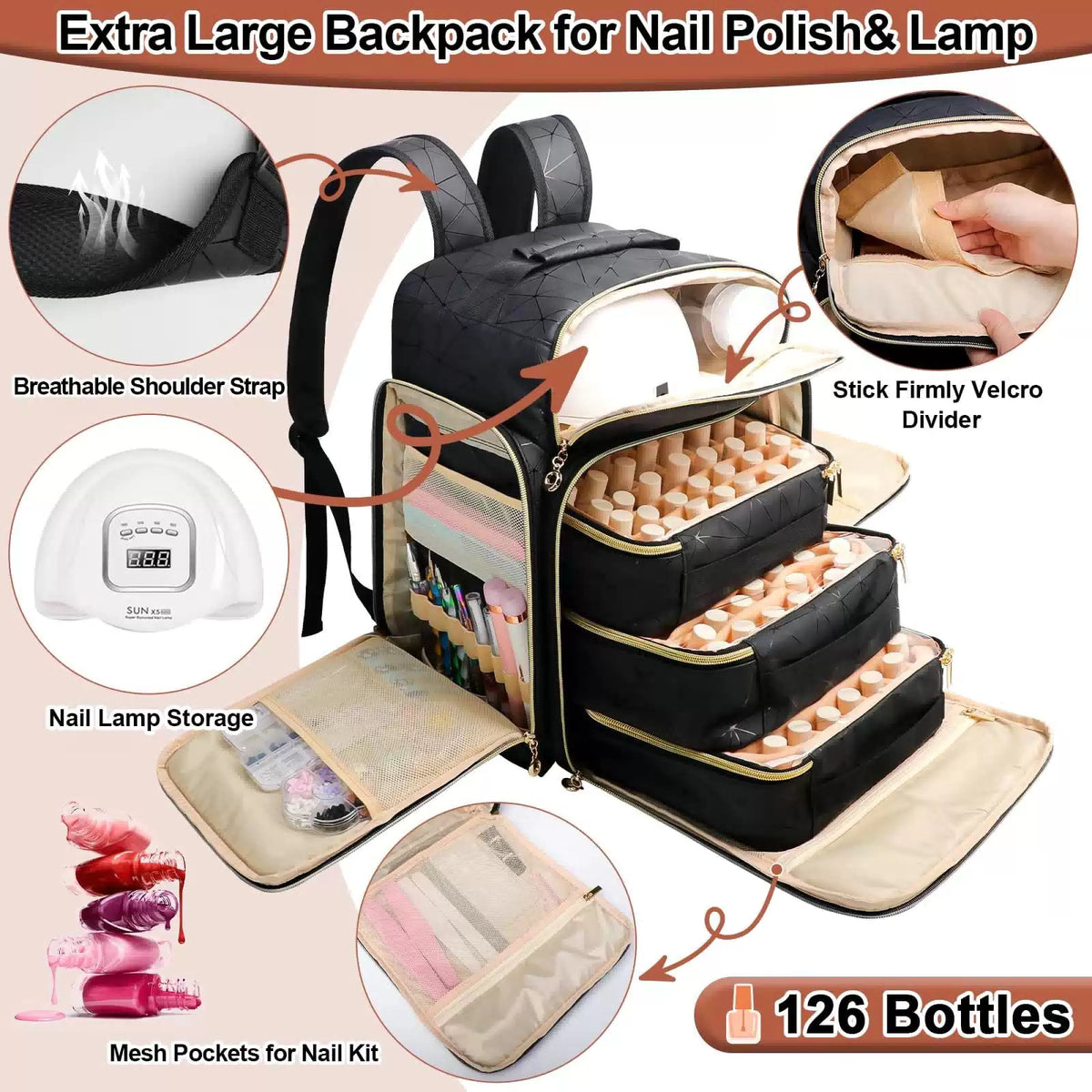 ahzske Nail Polish Organizer Backpack Holds Large, Elegant Black (Pu Leather) [2]