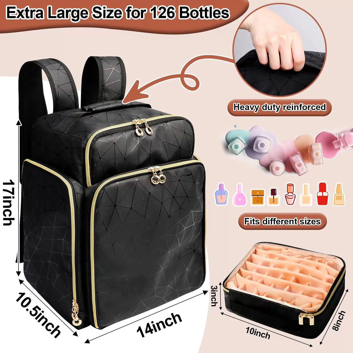 ahzske Nail Polish Organizer Backpack Holds Large, Elegant Black (Pu Leather) [6]