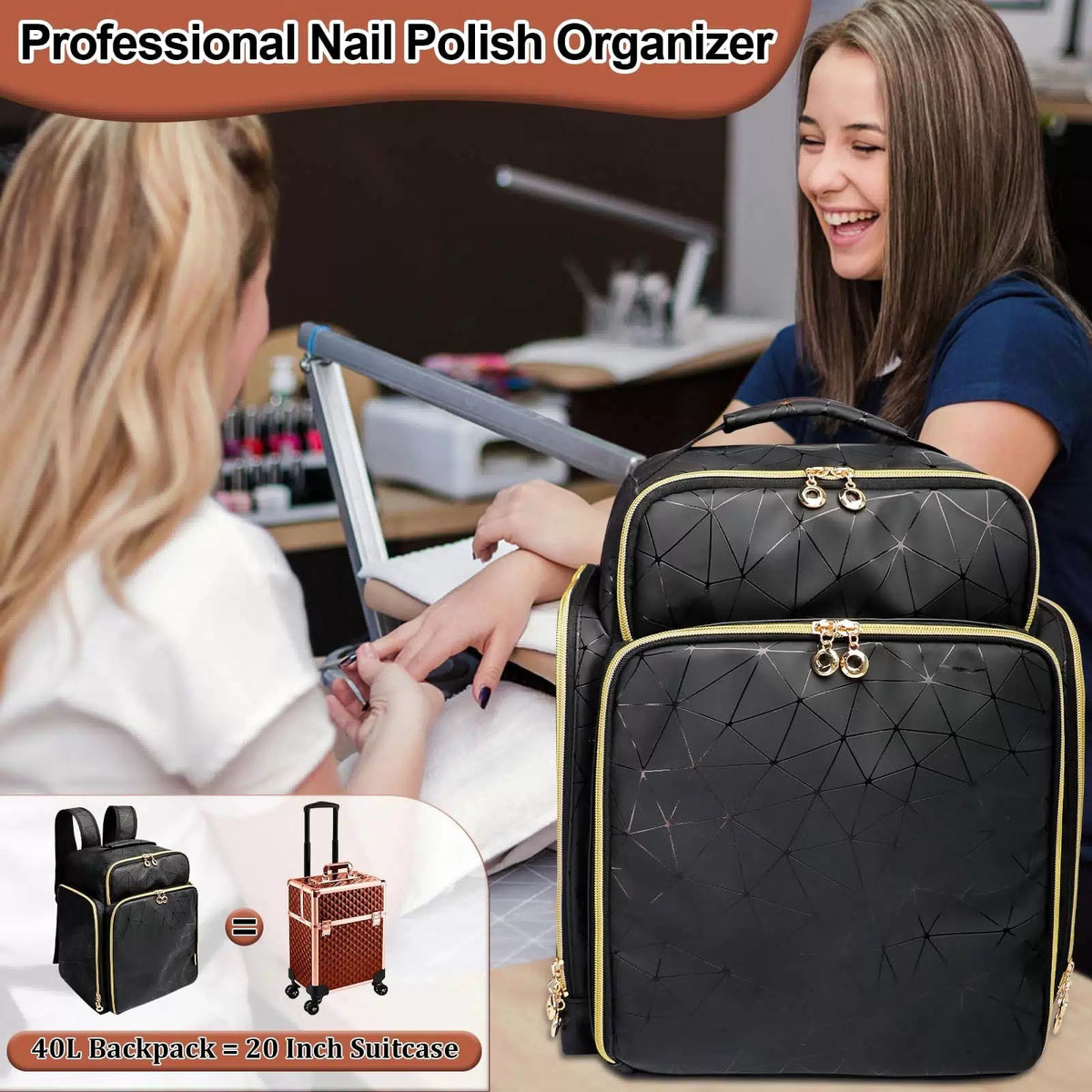 ahzske Nail Polish Organizer Backpack Holds Large, Elegant Black (Pu Leather) [8]