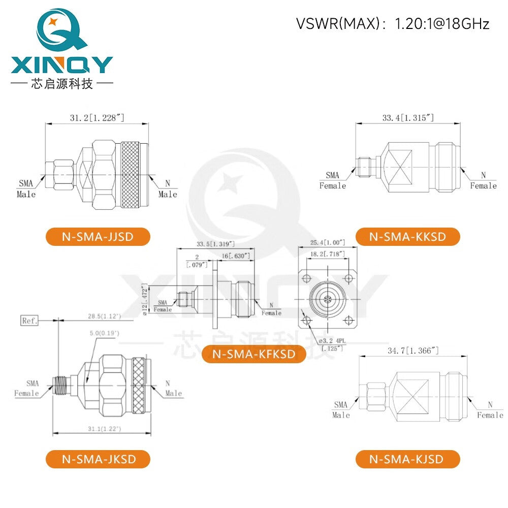 XINQY N/SMA Coaxial Adapter, JJ/JK Adapter, KJ/KK 18G Network/RF Connector, N Female to SMA Male - 18G/3pcs