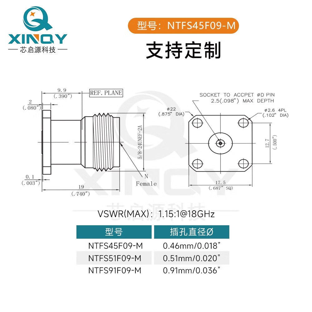 XINQY 18G Solderless Coaxial Connector, Module Glass Insulator, N-KFD Panel Mount, 0.51mm Glass Bead Pin + Connector Combination