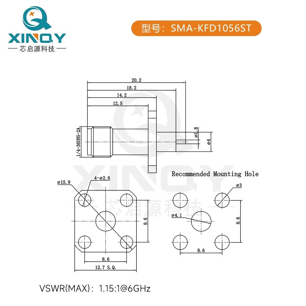 XINQY Extended RF Connector 6G Panel Mount Female Socket SMA-KFD1056ST/5 pieces