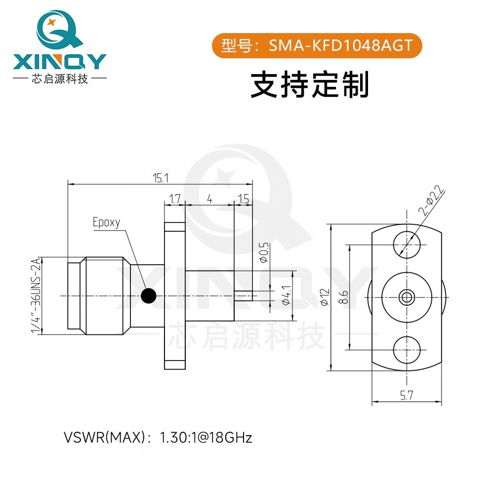 XINQY Through-Wall RF Connector SMA-KFD1048 Two-Hole Panel Mount Through-Wall SMA-KFD1048AGT/5 pieces