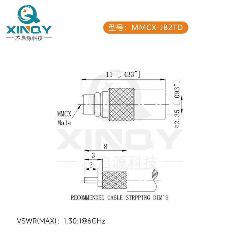 XINQY RF Cable Connector SS405/RG405/086 Antenna/Cable Soldering Head MMCX-JB2TD/6 pieces