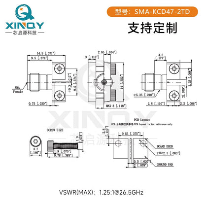 XINQY SMA-KCD47 RF Coaxial Connector 0-26.5G PCB Edge Clamp SMA-KCD47-2TD Fully Solder-Free with Screws / 5 Pieces