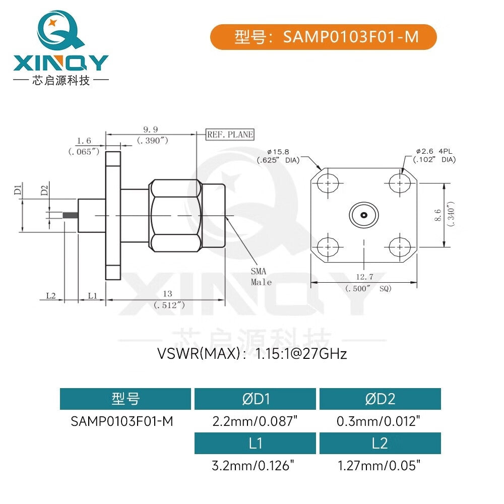 XINQY RF Adapter with Stainless Steel Flange Mounting, High-Frequency Male Connector with Through-Wall Dielectric SAMP0103F01-M/2 pieces