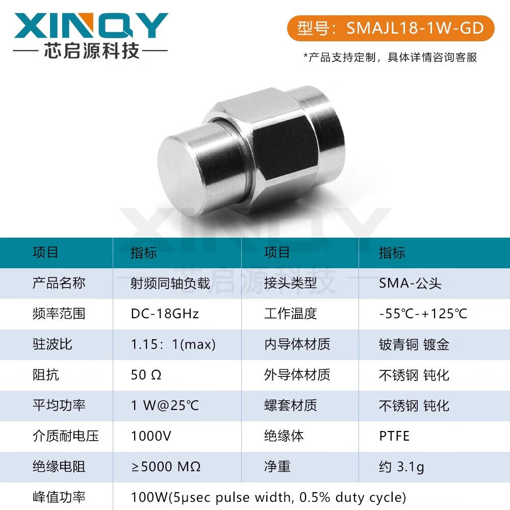 XINQY SMA coaxial terminating load, 0-18G stainless steel 1W 50 ohm, RF plug for network analyzer testing, 18G, VSWR ≤1.25 (4 plugs)