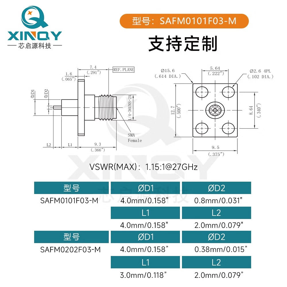 XINQY 27GHz Coaxial Connector SMA-KFD Four-Hole Flange Metal Through-Wall Chassis Mounting Adapter SAFM0202F03-M (0.38mm pins) / 2 pieces