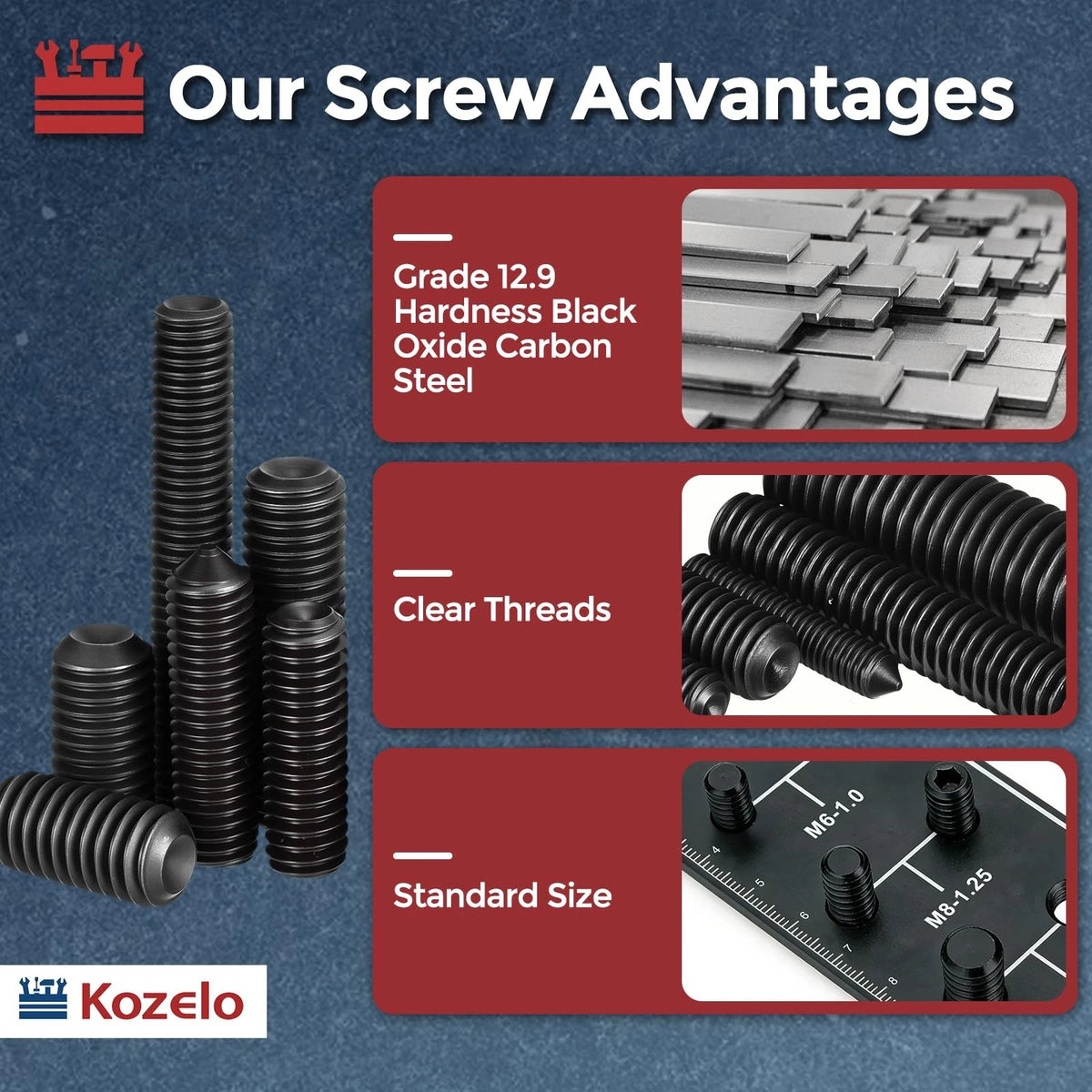 Kozelo 15Pcs Cup Point Socket Set Screws-M8-1.25x45 Carbon M8-1.25x45, Black