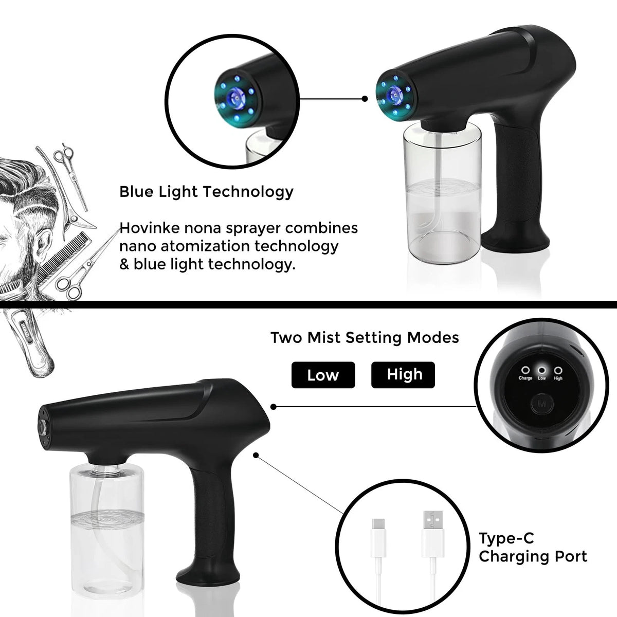 Hovinke Barber Spray Bottle with Blue Light, Rechargeable 11.5 Ounces, Black