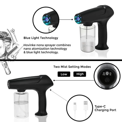 Hovinke Barber Spray Bottle with Blue Light, Rechargeable 11.5 Ounces, Black
