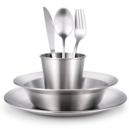 Odoland Stainless Steel Camping Mess Kit for Family & 1 1 Person Set, Silver