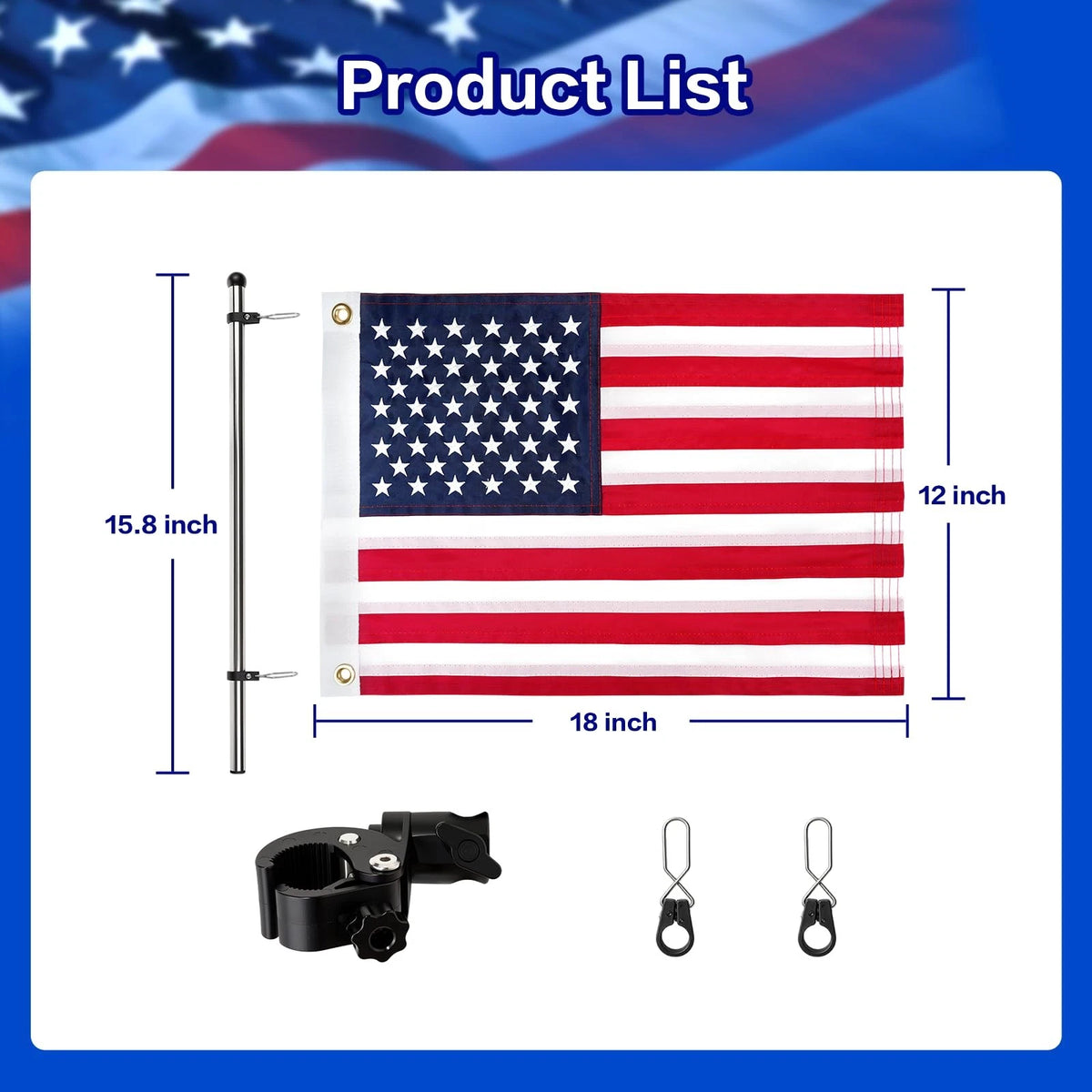 Golf Cart Flag Holder and Pole Kit, Adjustable 12" x 18", Black-1 Pack