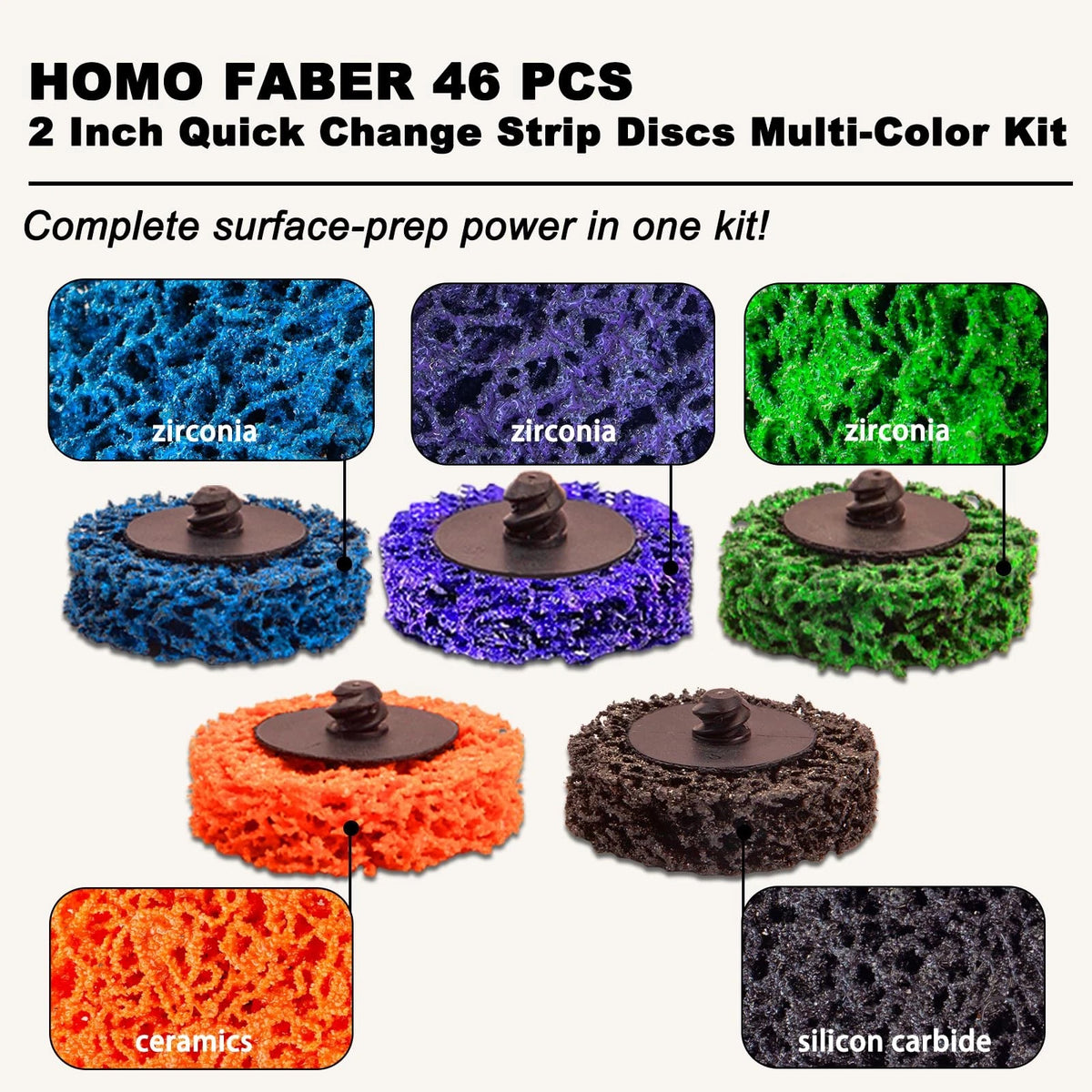HOMO FABER 46 PCS 2 Inch Quick Change Strip Discs Multi-Color Kit - Paint &...