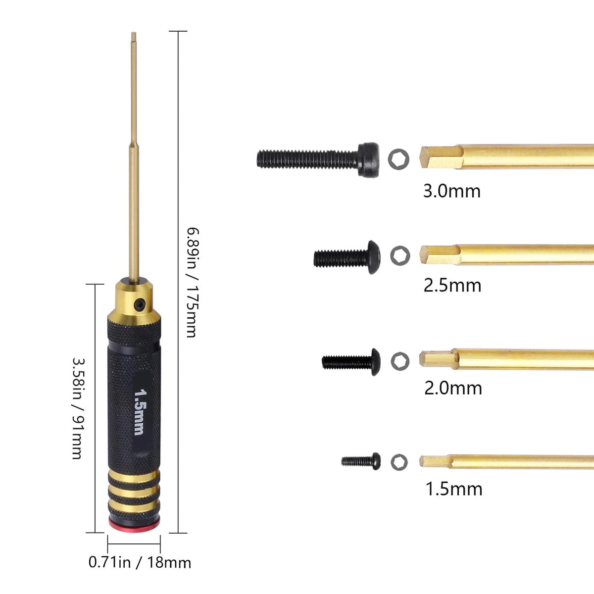 HobbyPark Titanium Hex Screw Driver Set 1.5mm 2.0mm 2.5mm 3.0mm Hexagon Black