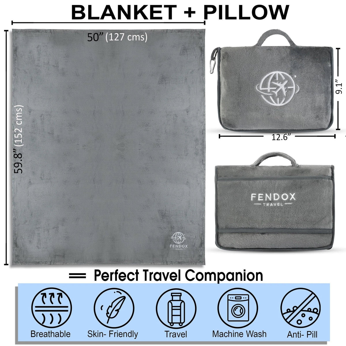 Fendox Travel 2-in-1 Blanket and Pillow – 8x11 inches, Gray