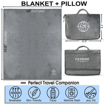 Fendox Travel 2-in-1 Blanket and Pillow – 8x11 inches, Gray