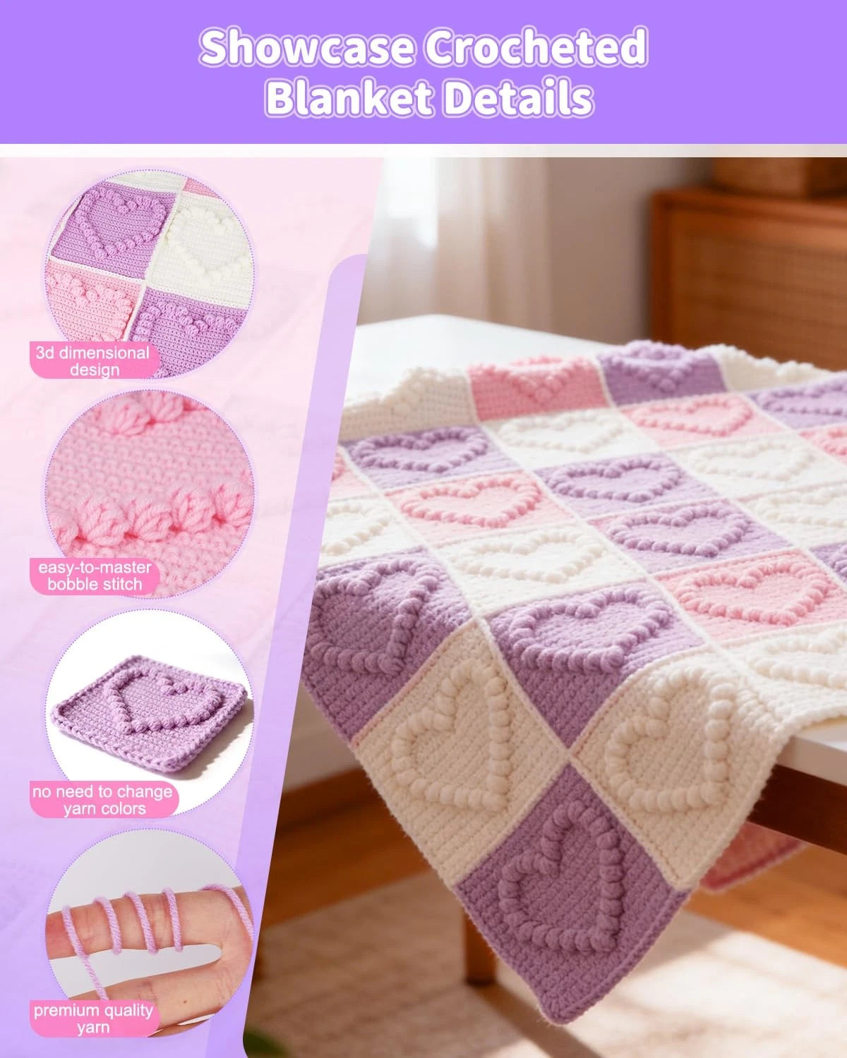 Coopay Crochet Kit for Beginners, GS Blanket Kit, Pinkish-Purple Heart-Shaped