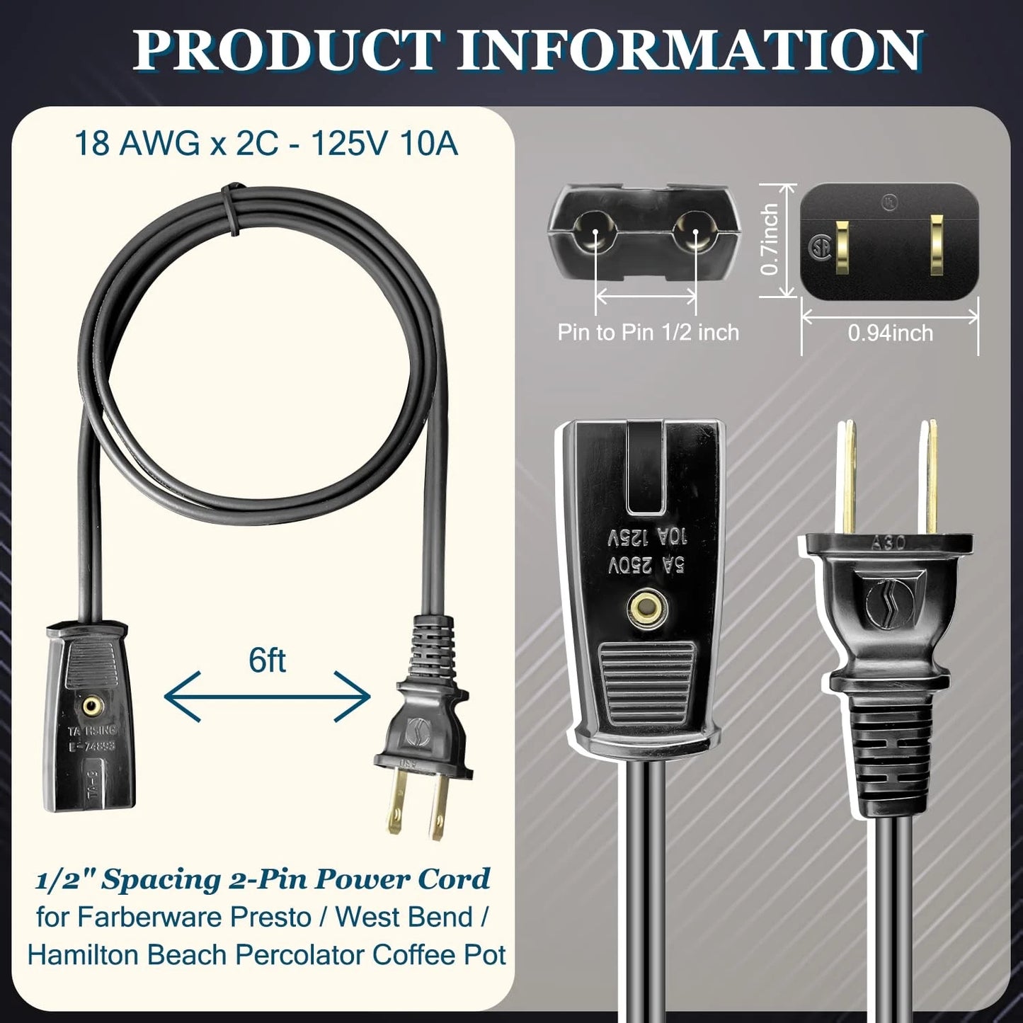 HASMX 6ft Power Cord for West Bend Coffee Urn 2 Pin 1/2 Inch 6ft, Black