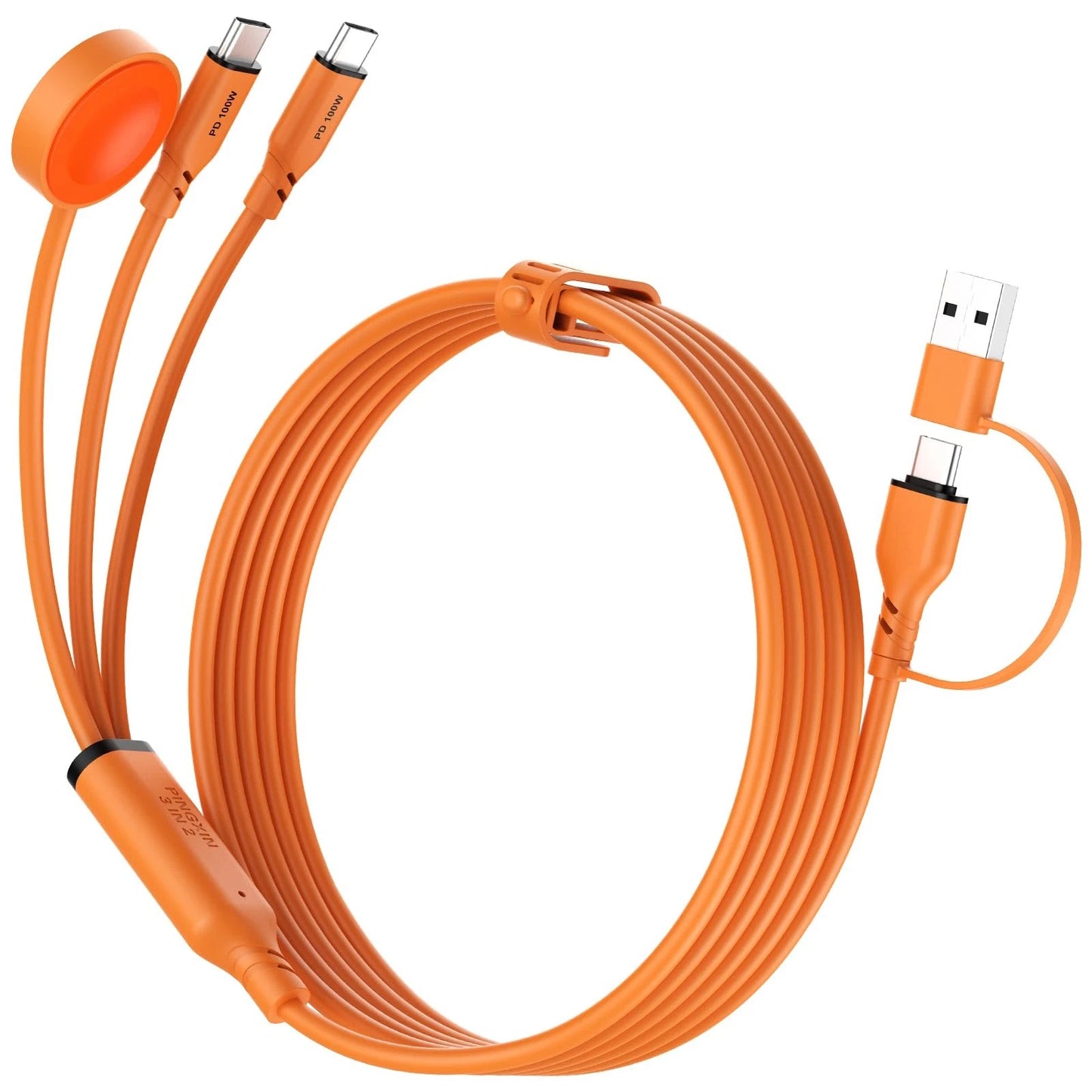 Travel Essentials 3 in 2 Multi Charging Cable 100W USB A/C to Dual Orange
