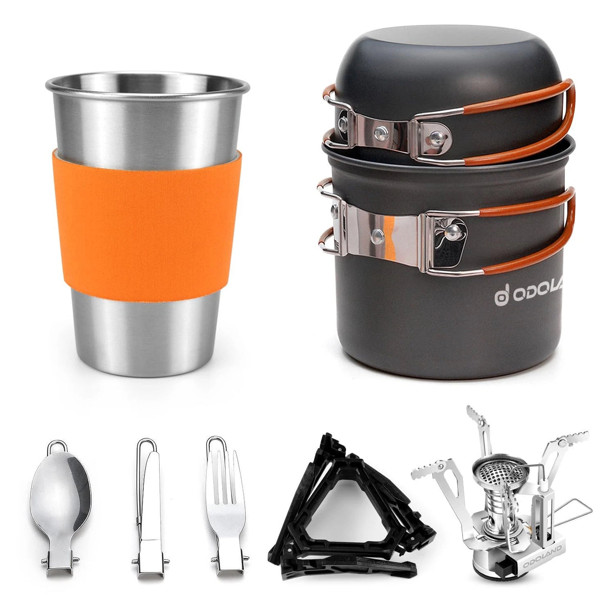 Odoland Camping Cookware Stove Set with 1.2L/0.6L Pot and Standard, Orange