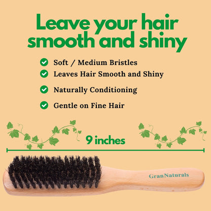 GranNaturals Boar Bristle Slick Back Hair Brush - Soft/Medium Smoothing Black