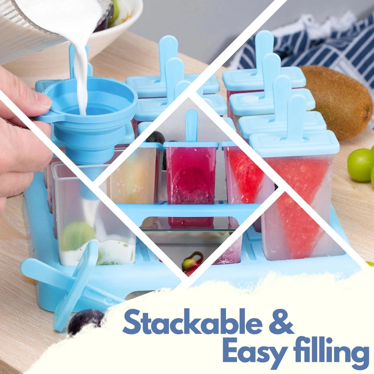 ANSMIO Popsicle Molds, 12 Reusable Ice Pop Molds with Stand, Standard, Blue
