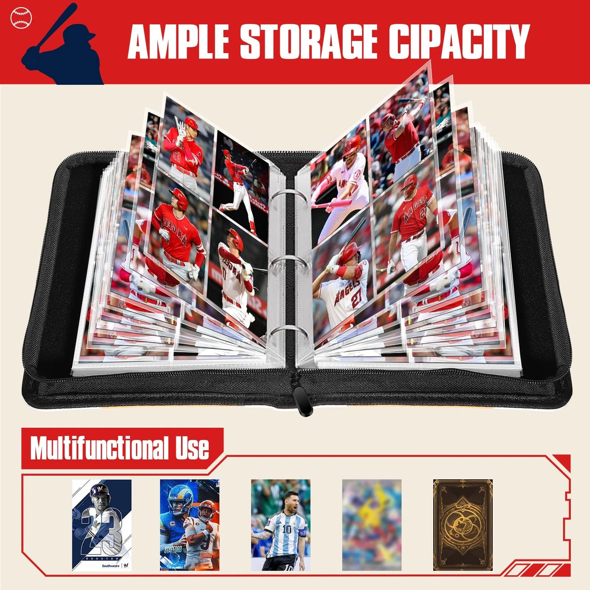Baseball Trading Card Binder 4 Pocket Gifts for 400 Pockets, Baseball-red