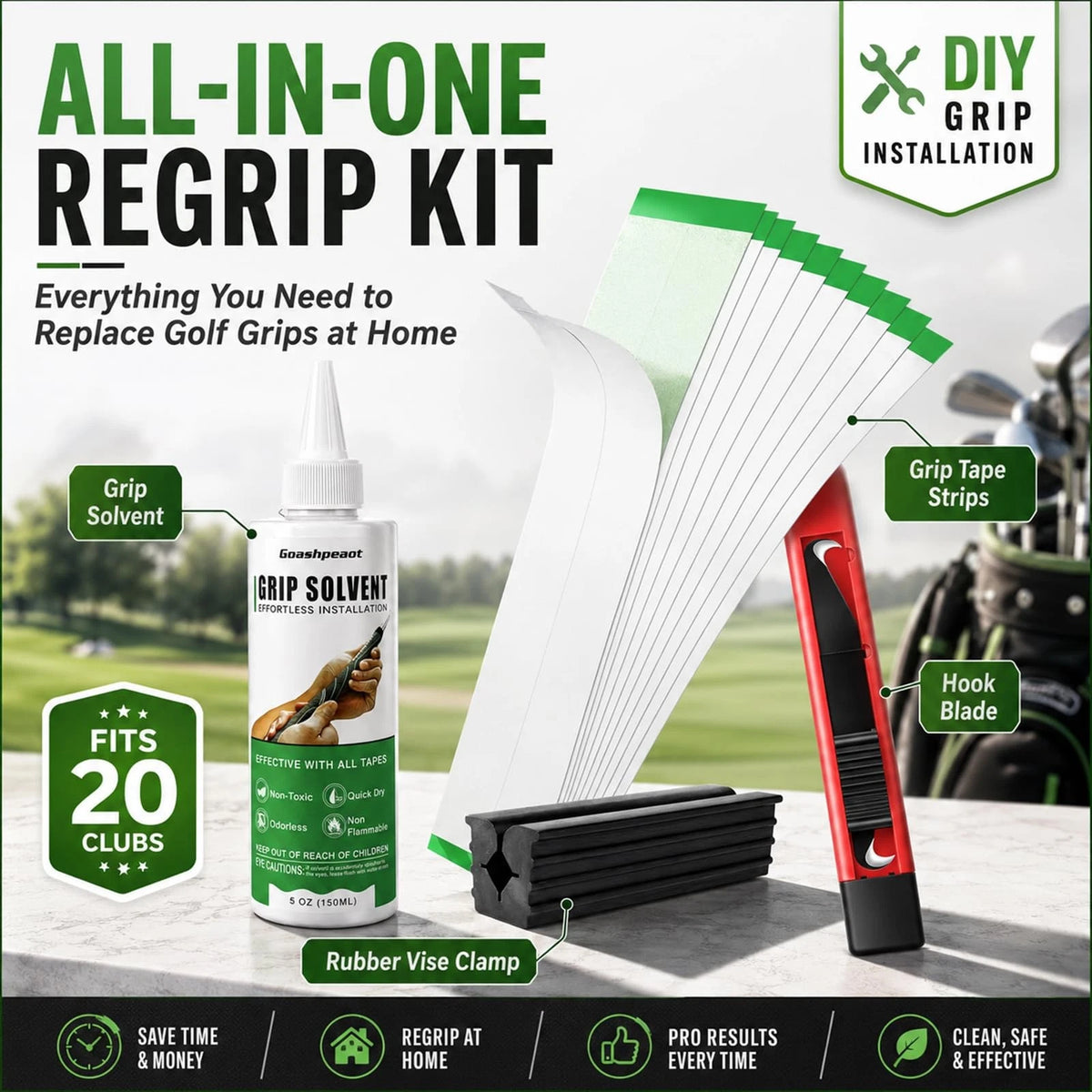 Goashpeaot Golf Grip Solvent and Club Regripping Kit, Green