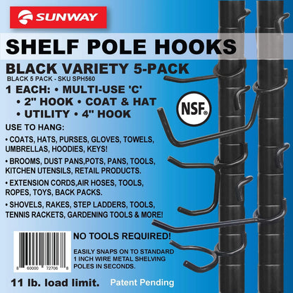 Shelf Pole Hooks | 5-Pack Black 1" Variety Pack | Pack,