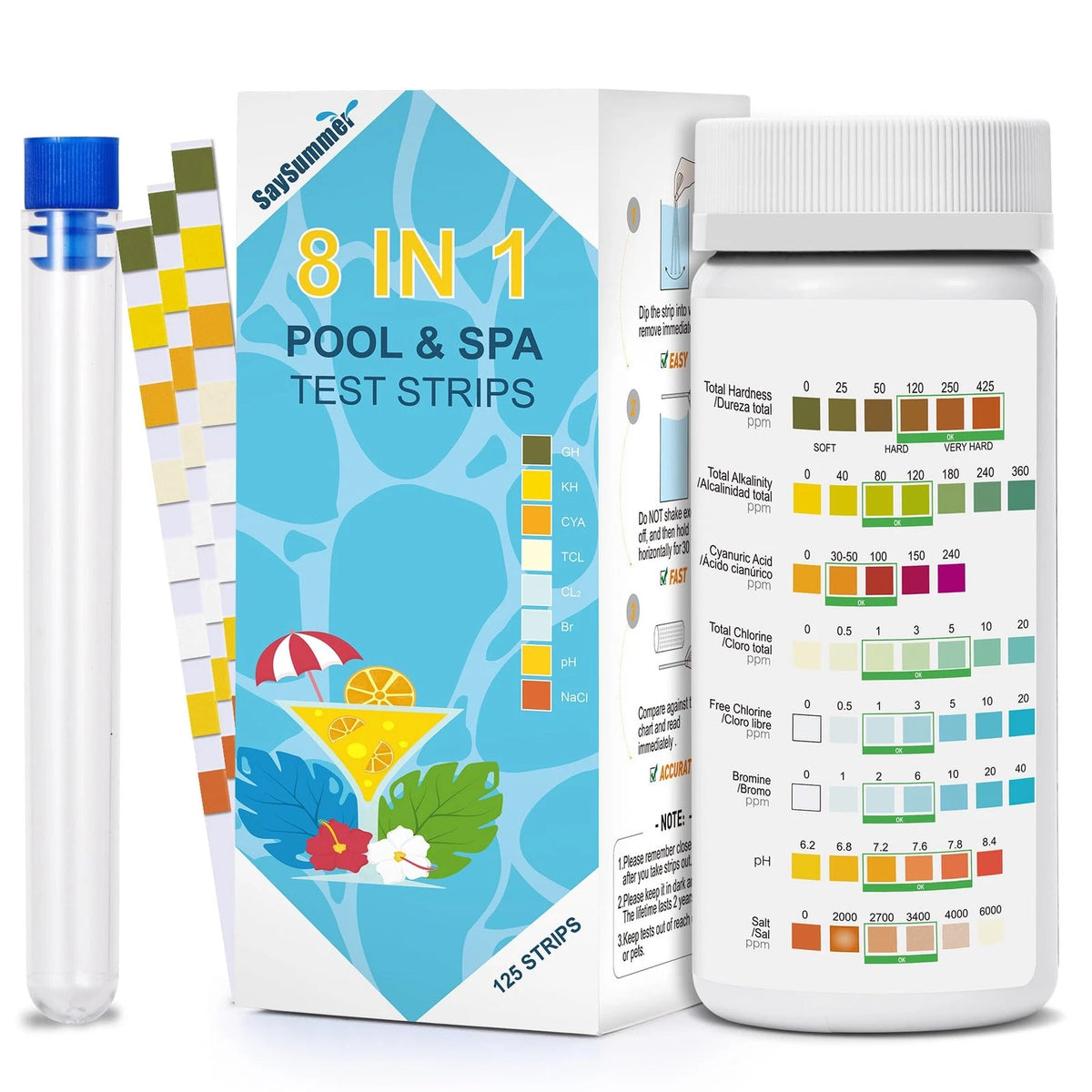 Salt-Water Pool Test Strips Kit: 125 Counts 8-in-1 for Salt Water 125