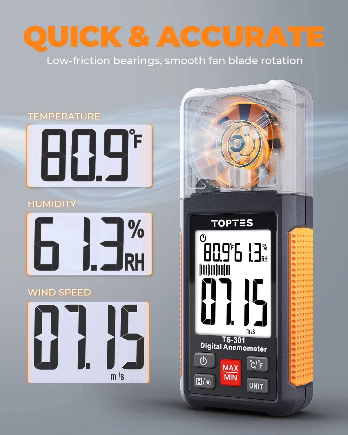 TopTes TS-301 Digital Anemometer, Wind Speed Meter with 2.26-inch Big Orange