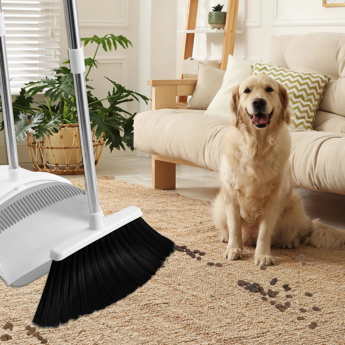 BSKLIN Broom and Dustpan Set for Home, 52" Long Handle Standing Small, White