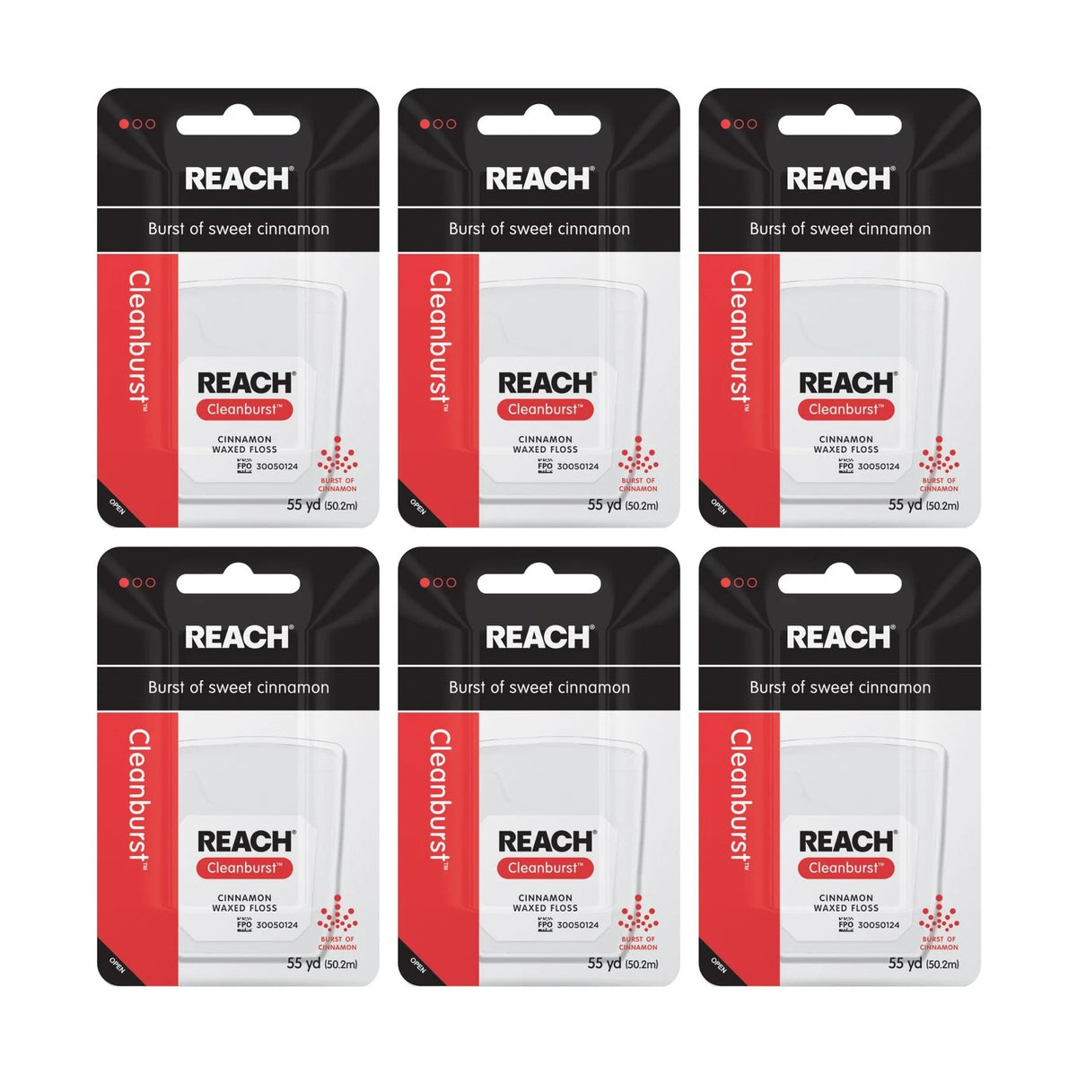 REACH Waxed Dental Floss, Cinnamon, Plaque Remover for 6 Pack (55 yards), Red