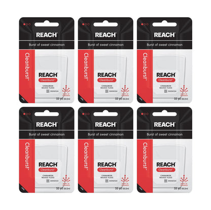 REACH Waxed Dental Floss, Cinnamon, Plaque Remover for 6 Pack (55 yards), Red