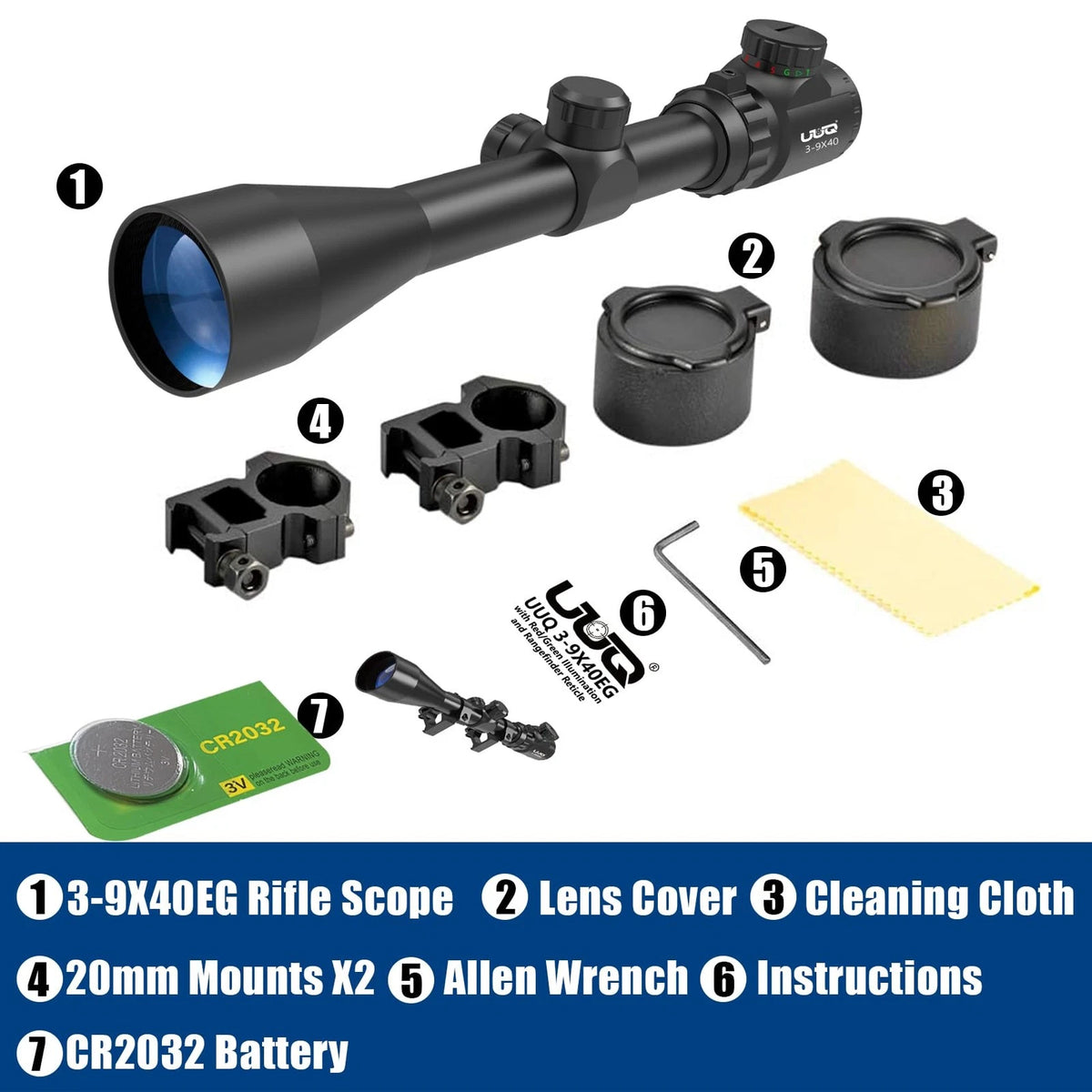 UUQ 3-9×40 Rifle Scope with Red/Green 20mm Picatinny, Blue-with illumination