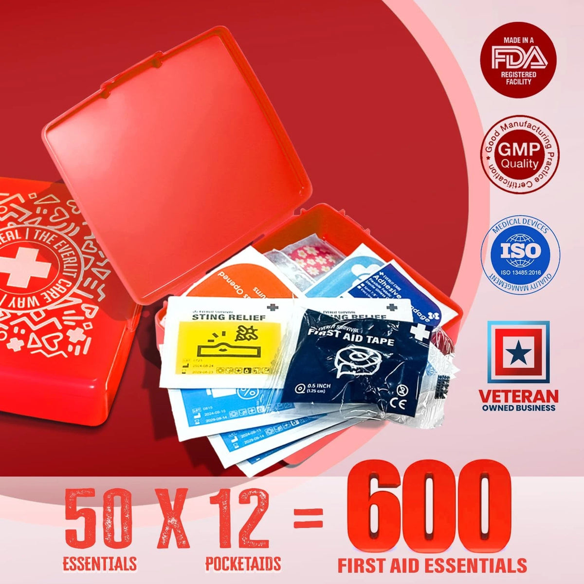 EVERLIT Pocket-Aid Mini First Aid Kit | Compact, 12 Packs | 600 Pcs, Assorted