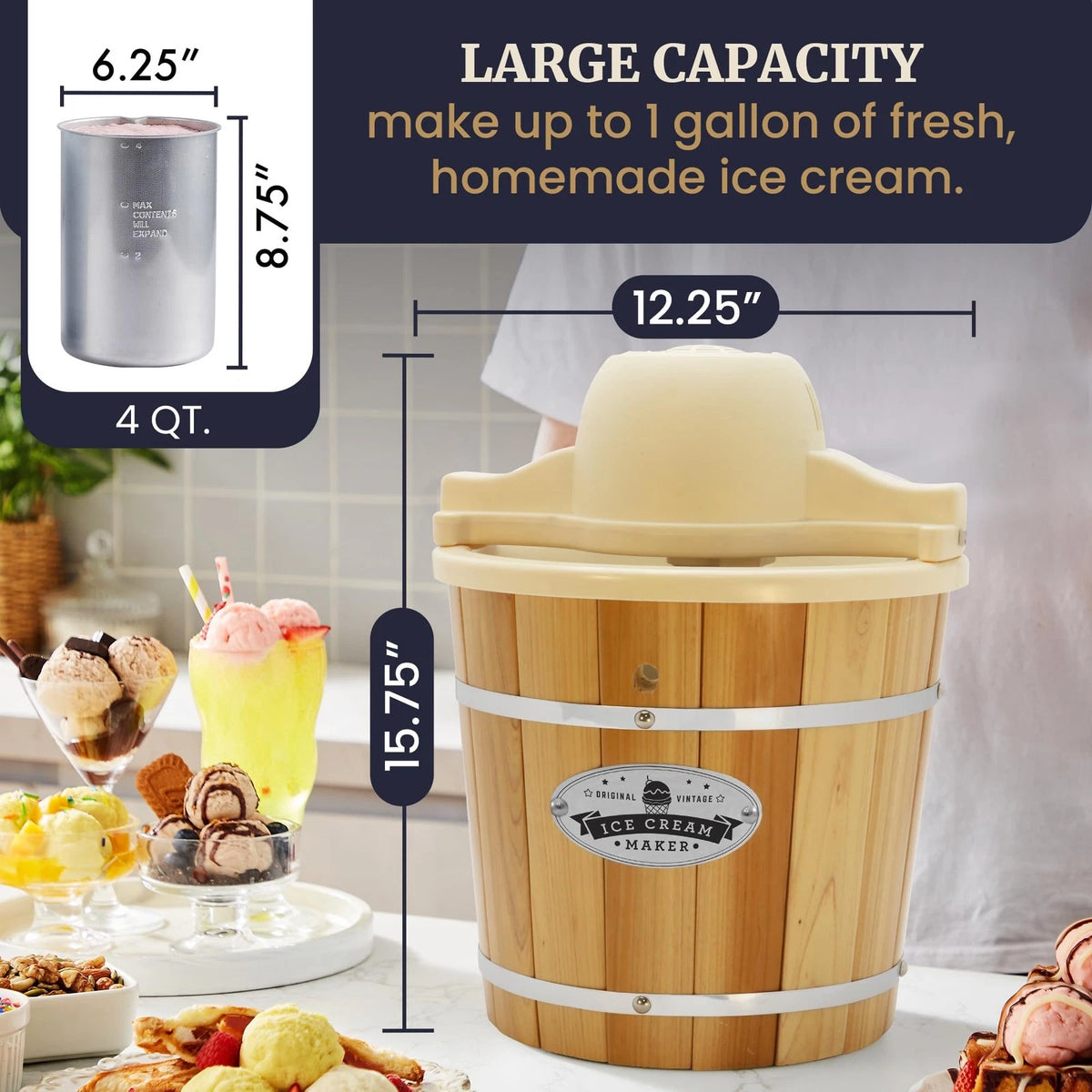 Elite Gourmet EIM-924L 4Qt Old Fashioned Wood Bucket Ice Cream 4 Quart,