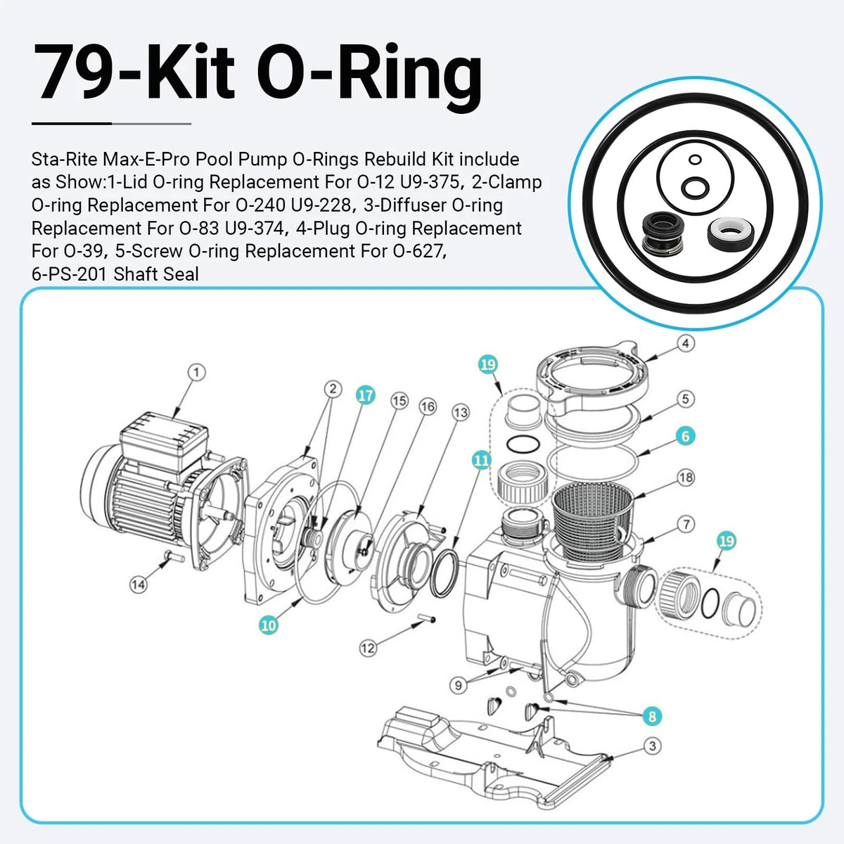 O-Ring Repair Rebuild Kit 79 Fit for StaRite Max-E-Pro Pool Pump – Black